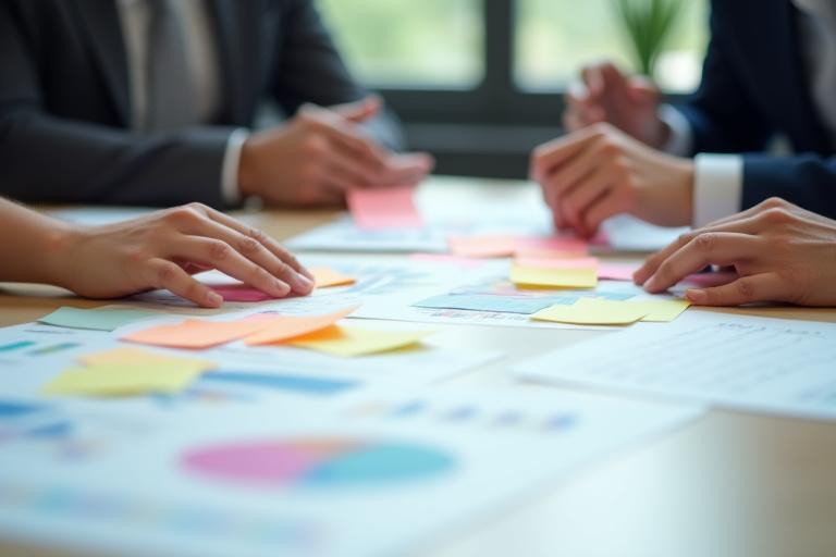 Consultants strategizing with sticky notes
