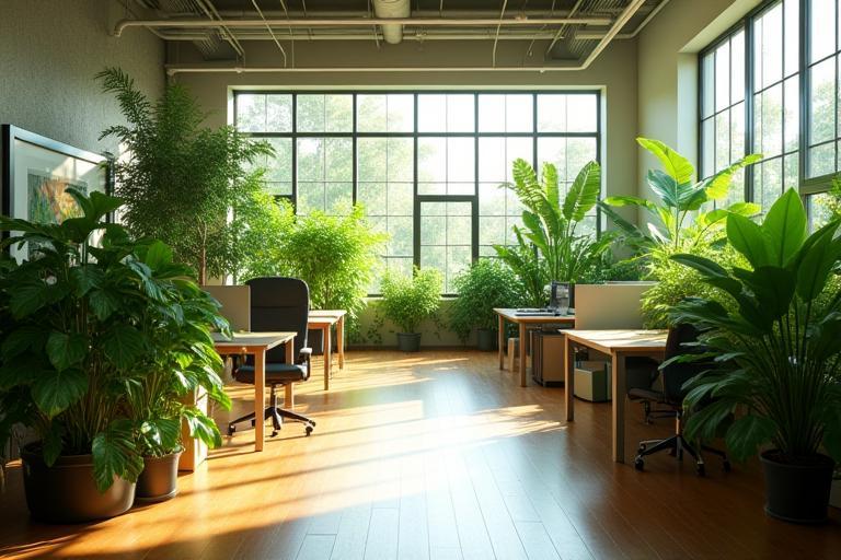 Green office interior with plants and natural light
